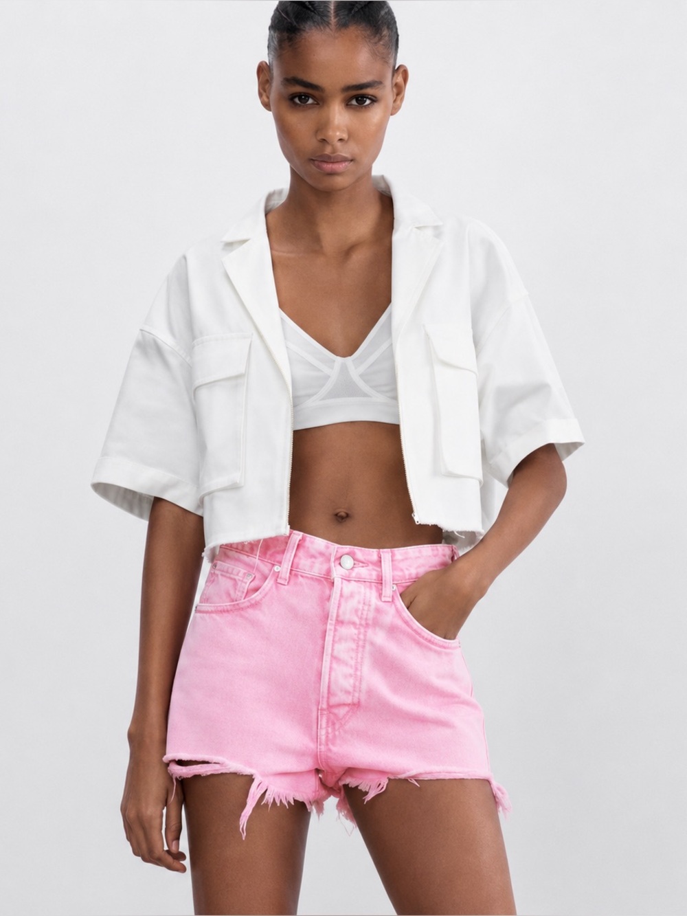 Zara Frayed High Rise Pink Denim Shorts